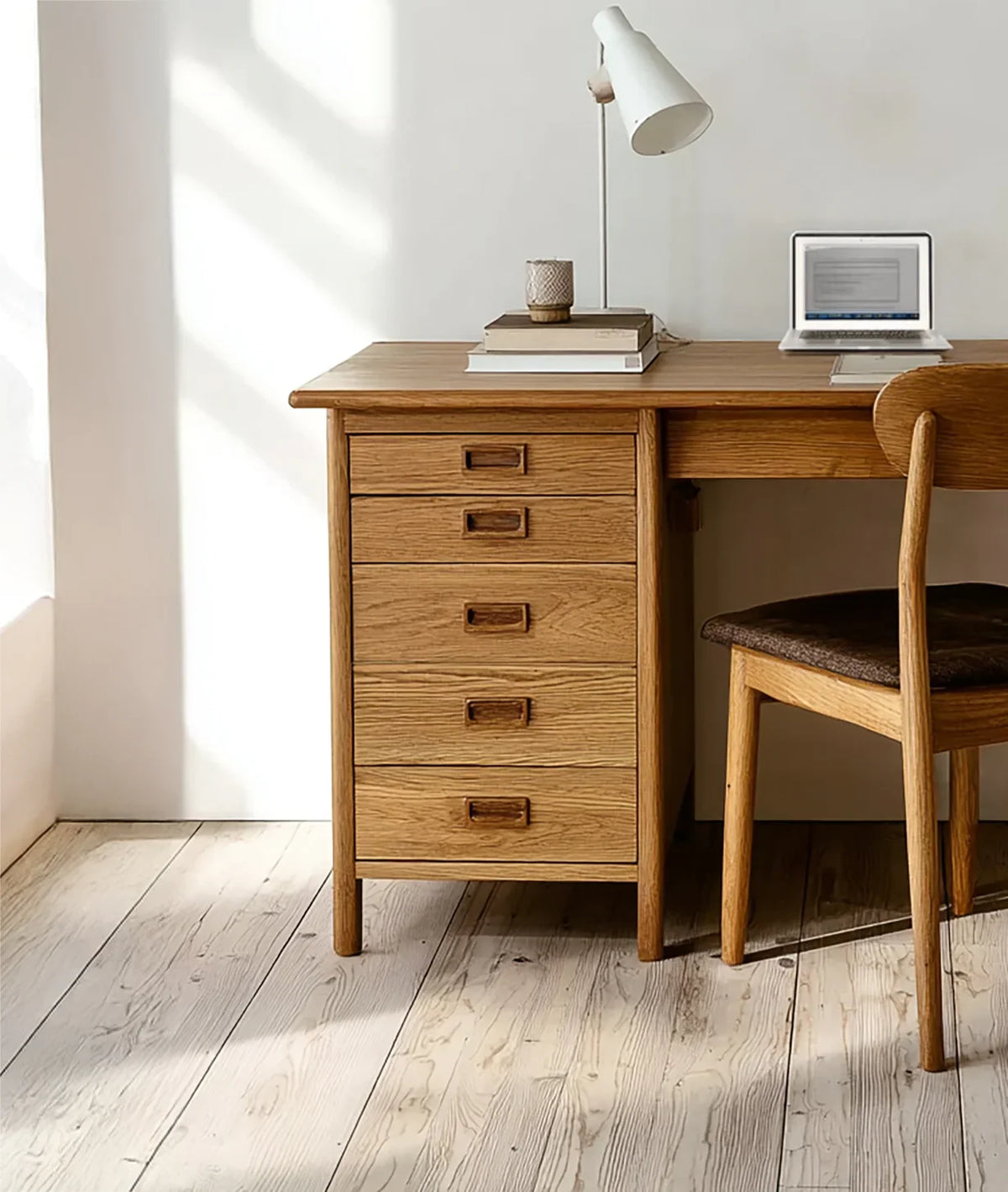 Solid wood desk with drawers and chair, minimalist modern home office setup