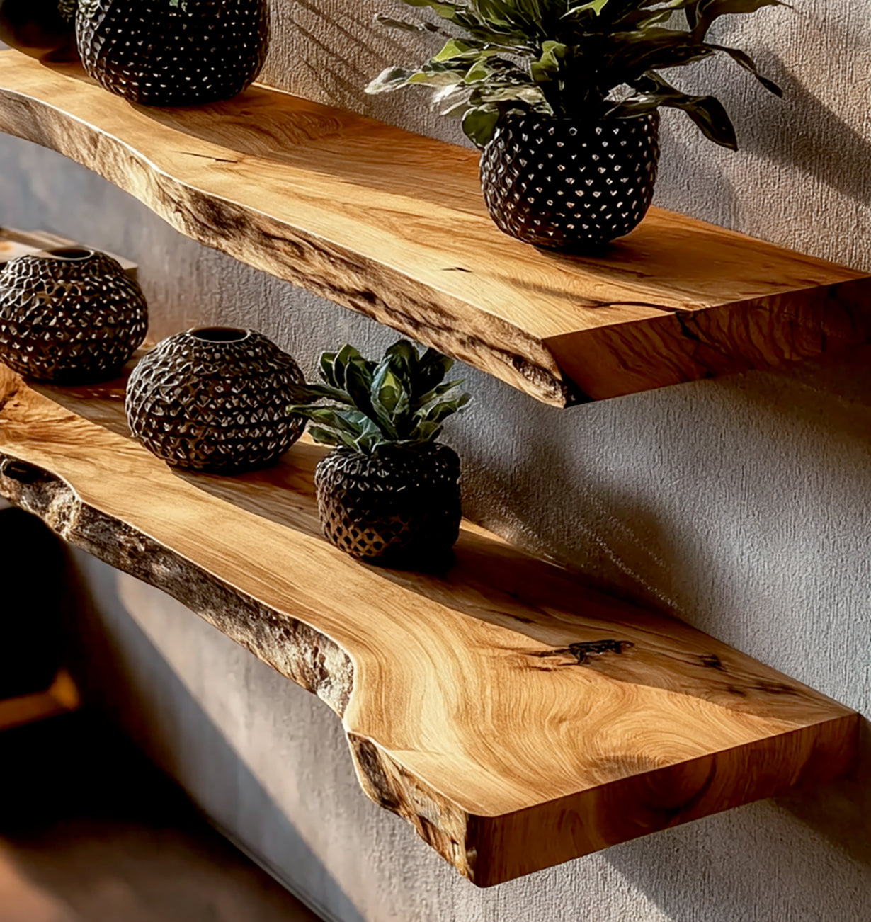 Natural live edge wooden shelves with dark textured decorative vases and small green plants on a textured wall