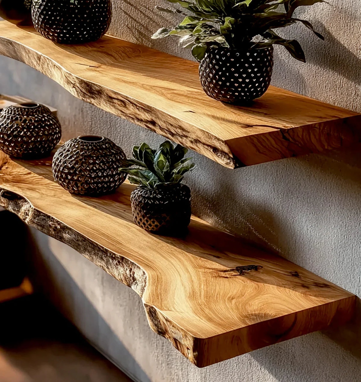 Natural live edge wooden shelves with dark textured decorative vases and small green plants on a textured wall