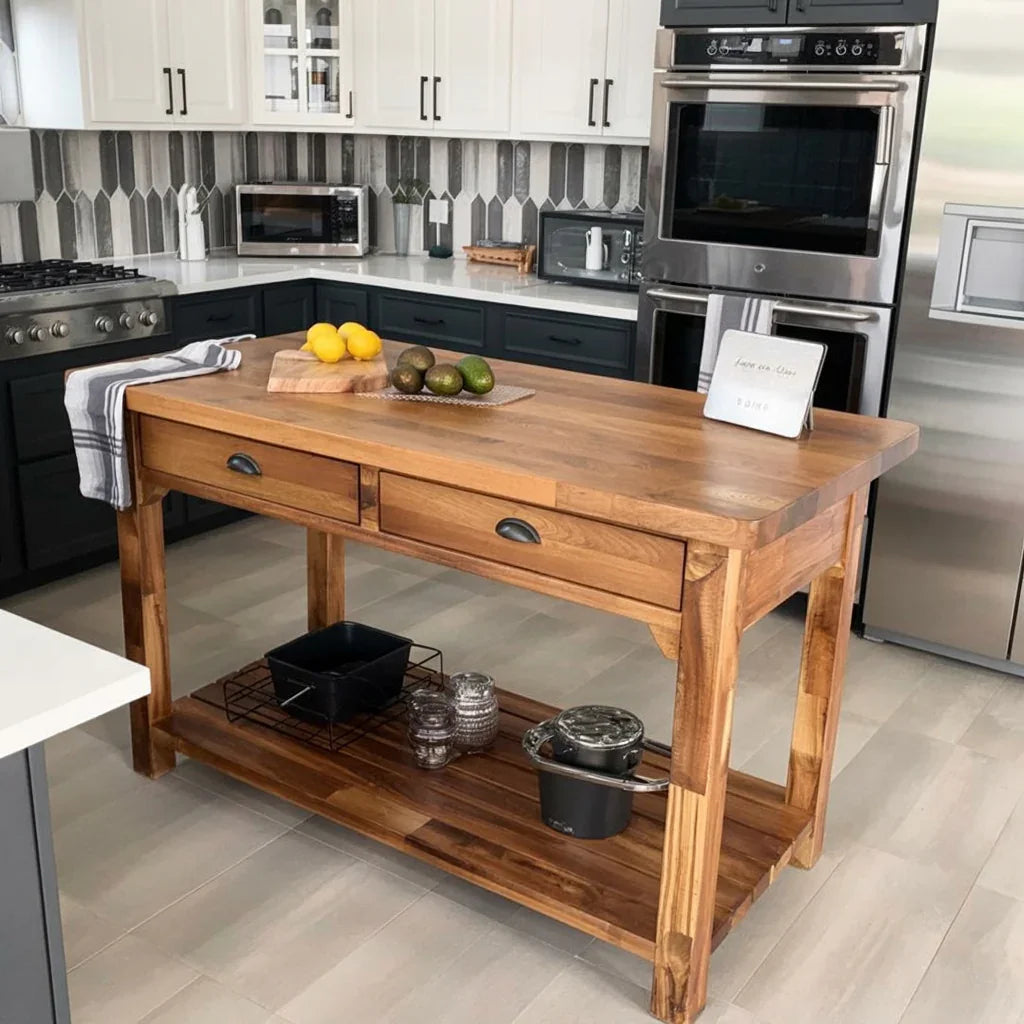Modern kitchen with wooden island table, stainless steel appliances, lemons and avocados on countertop