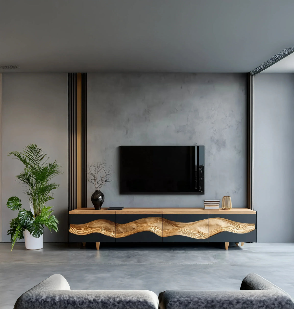 Modern living room with a live edge wood TV cabinet, wall-mounted TV, plants, and minimalist decor.
