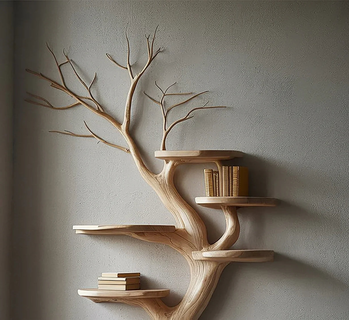 Solid wood tree bookshelf with live edge shelves and books against a gray wall
