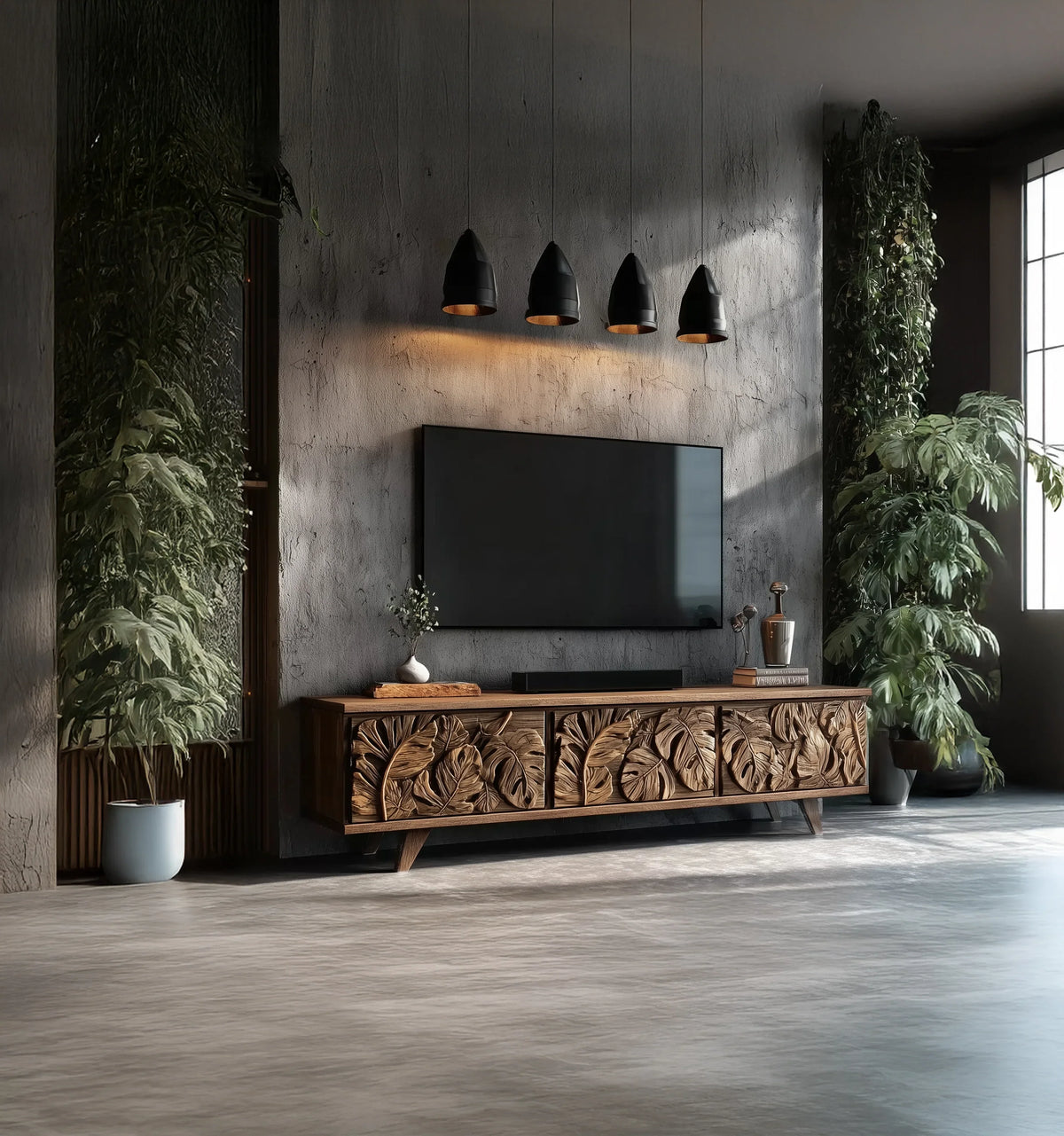 Solid wood TV console with carved leaf design in modern living room, surrounded by indoor plants.