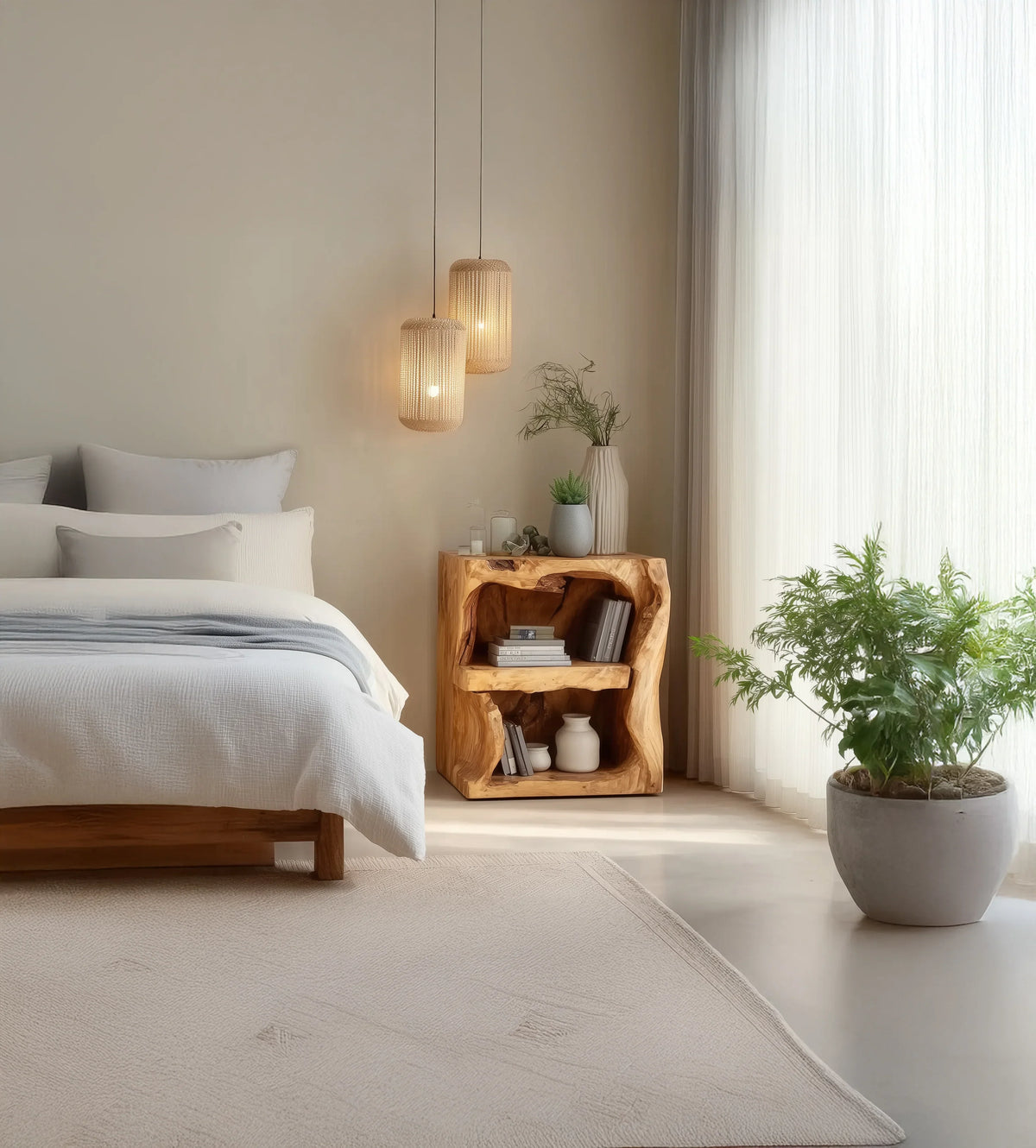 Minimalist bedroom with wooden bed, white bedding, organic wood nightstand, hanging lamps, and potted plants