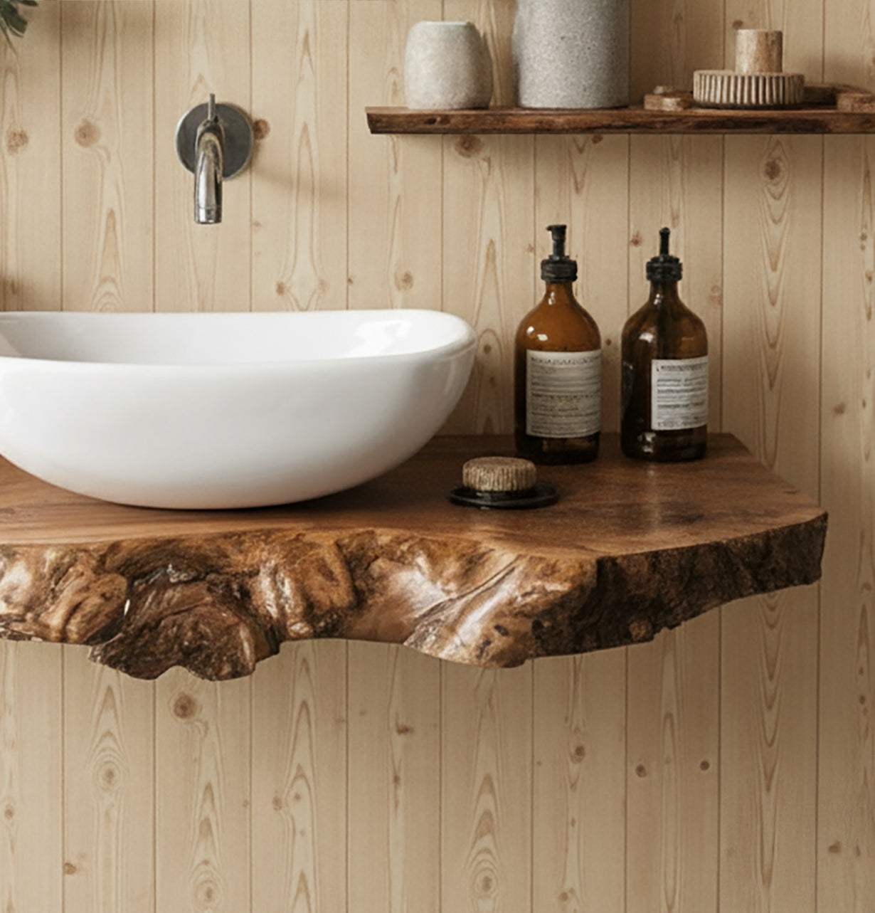 Rustic bathroom with white vessel sink on live edge wood countertop and amber soap bottles