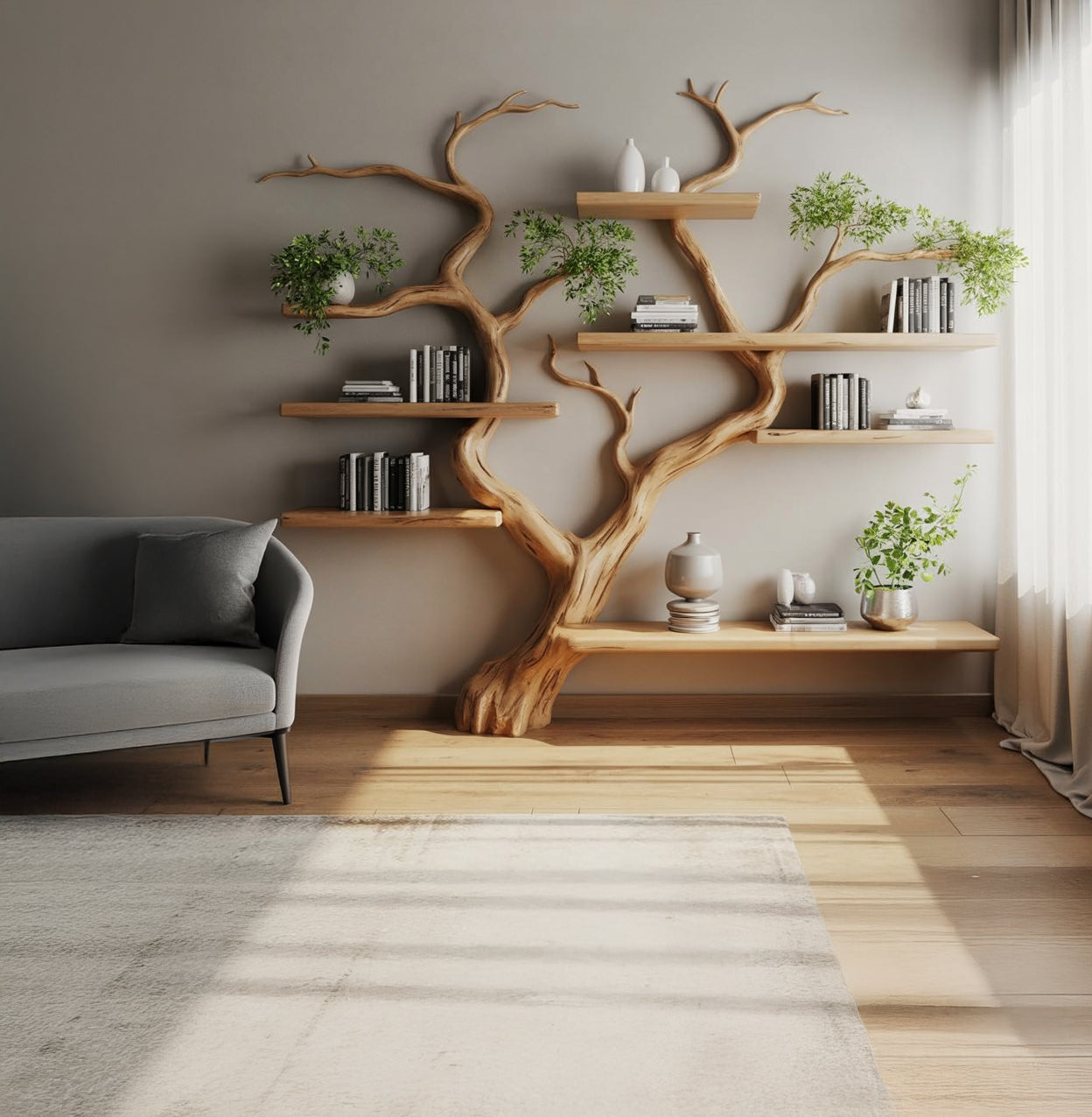 Tree-shaped wooden bookshelf with books, plants, and decor in a modern living room