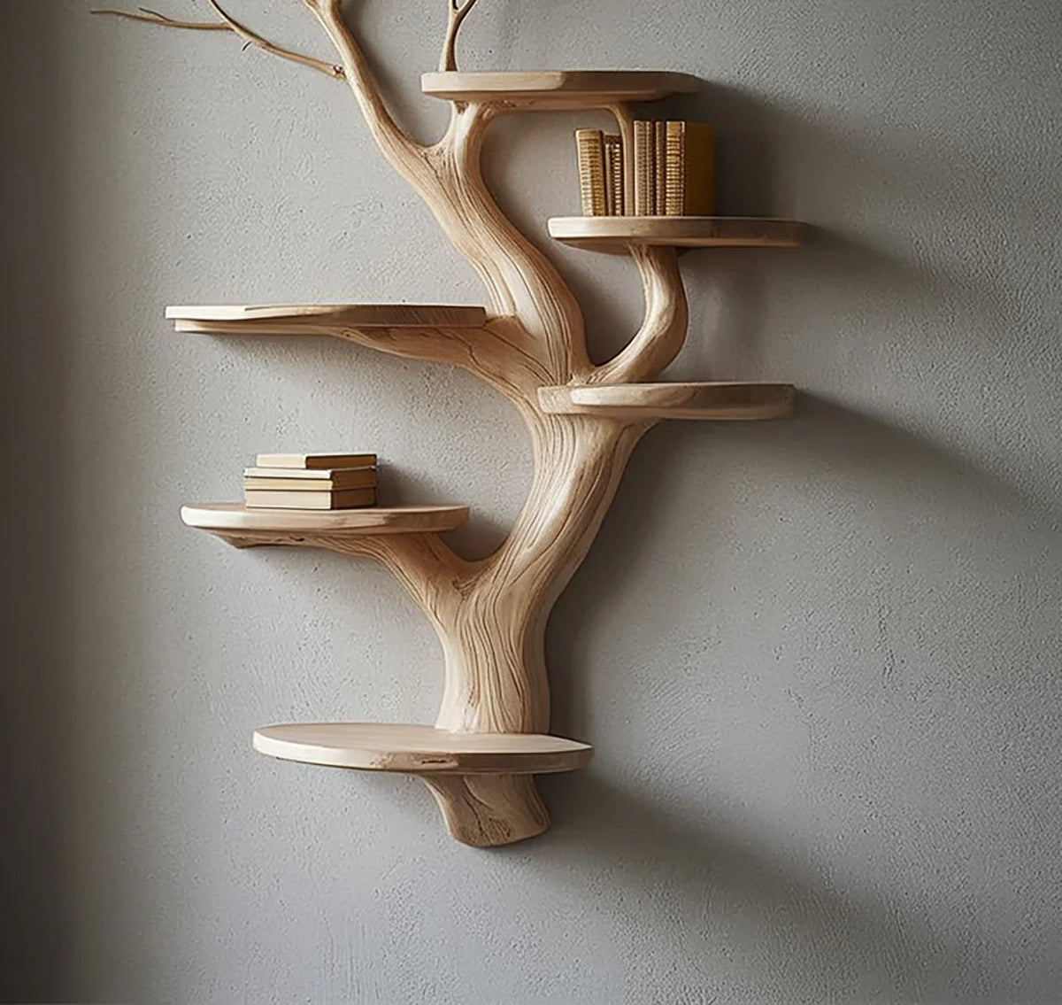 Solid wood tree bookshelf with floating shelves, modern wall-mounted book storage