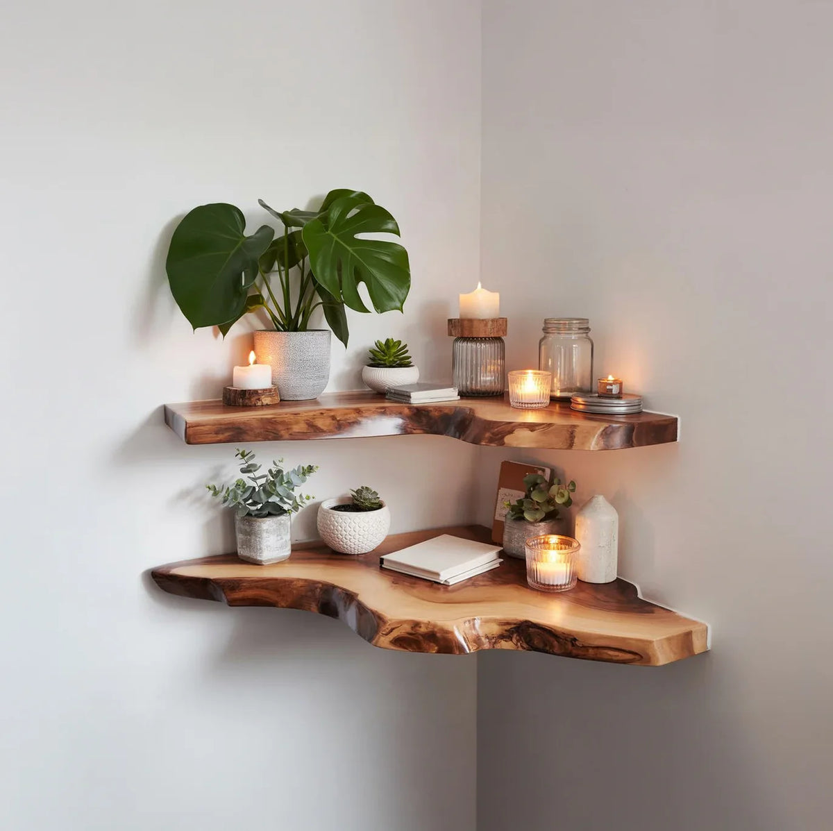 Live edge wooden floating shelves with potted plants, candles, and books in a cozy corner.