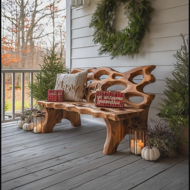 Rustic Farmhouse Wooden Porch Bench – Solid Wood Entryway & Outdoor Seating