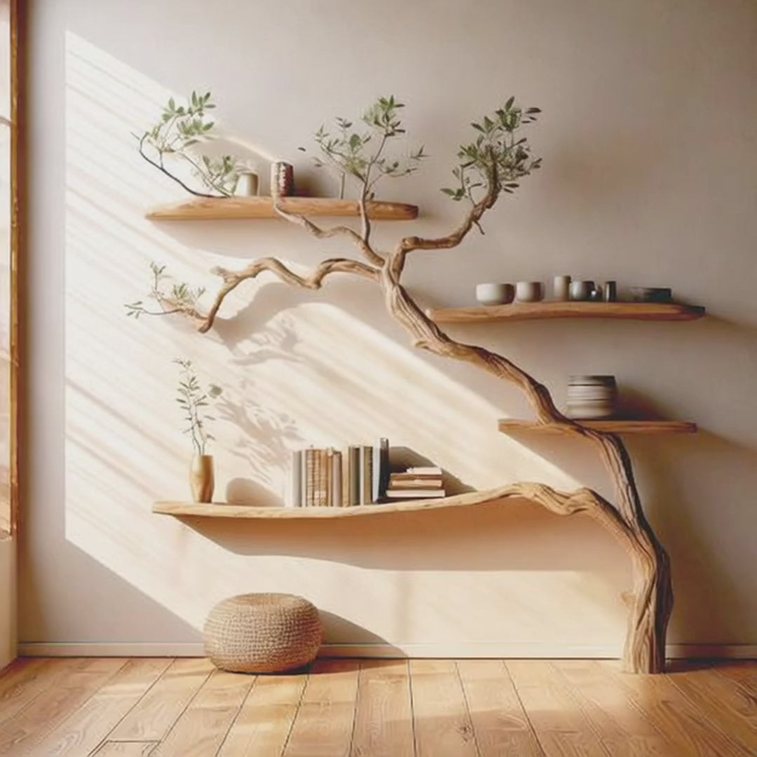 Live Edge Tree Branch Bookcase – Handmade Rustic Floating Wall Bookshelf with Natural Wood Branches