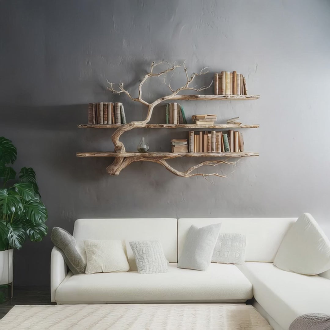 Corner Tree Floating Bookshelf – Driftwood Branch Wall Mounted Hanging Shelf, Artistic Corner Furniture Decoration