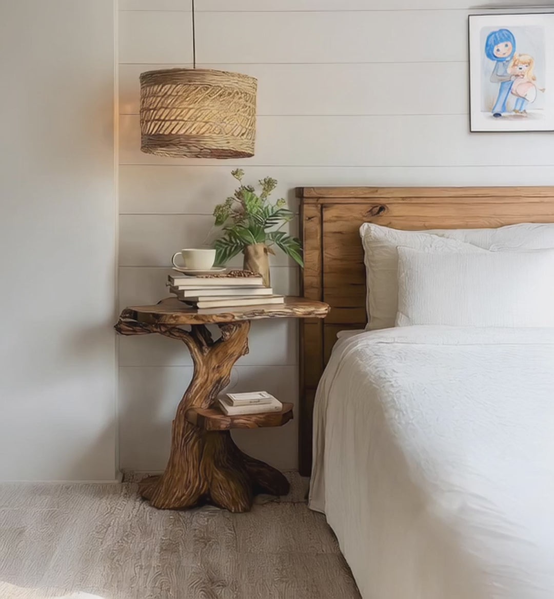 Handcrafted Solid Wood Nightstand - Sculpted Tree-Base Two-Tier Bedside Table