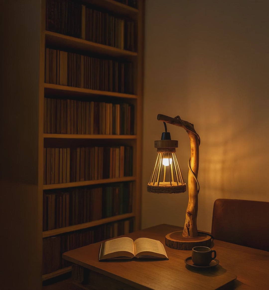 Rustic Driftwood Floor Lamp – Tree Branch Standing Light with Rattan Lampshade, Natural Wooden Lighting