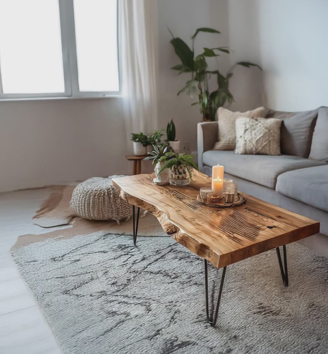 Live Edge Coffee Table – Handmade Solid Wood Hairpin Legs for Rustic Modern Living Room