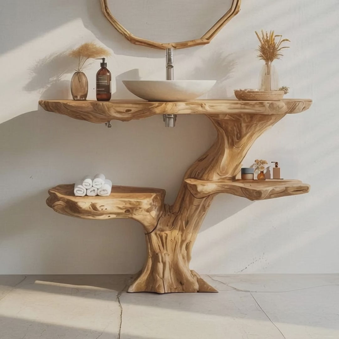 Rustic Wall Mounted Vessel Sink – Reclaimed Live Edge Wooden Bathroom Vanity