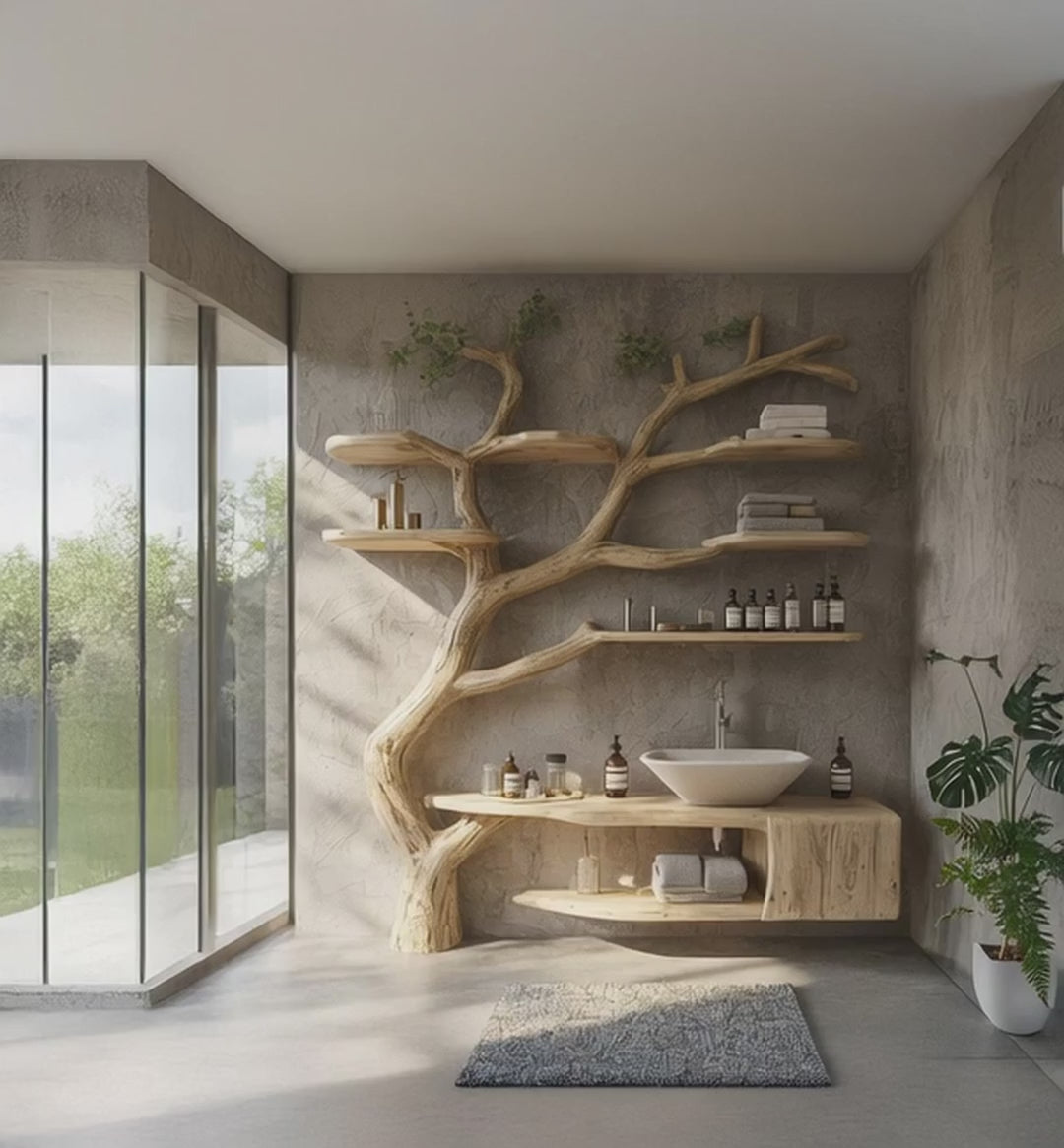 Rustic Solid Wood Vanity – Handmade Bathroom Sink with Floating Tree Branch Shelves, Artistic Home Decor Gift