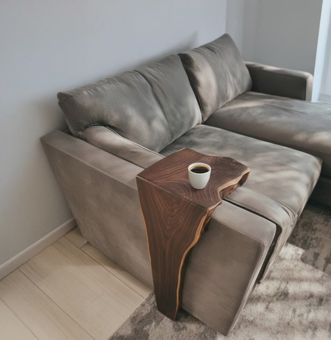 Handmade Solid Wood Sofa Arm Table – Farmhouse Couch Storage, Reclaimed Wood Armrest Shelf