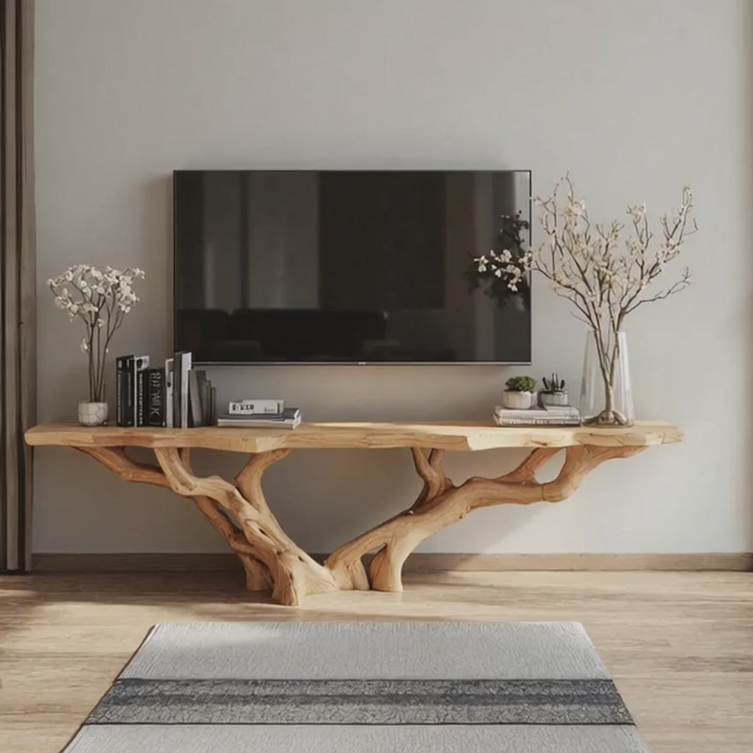 Custom Live Edge TV Stand – Solid Wood Tree Shelf Media Console, Rustic Handmade Cabinet Bookshelf