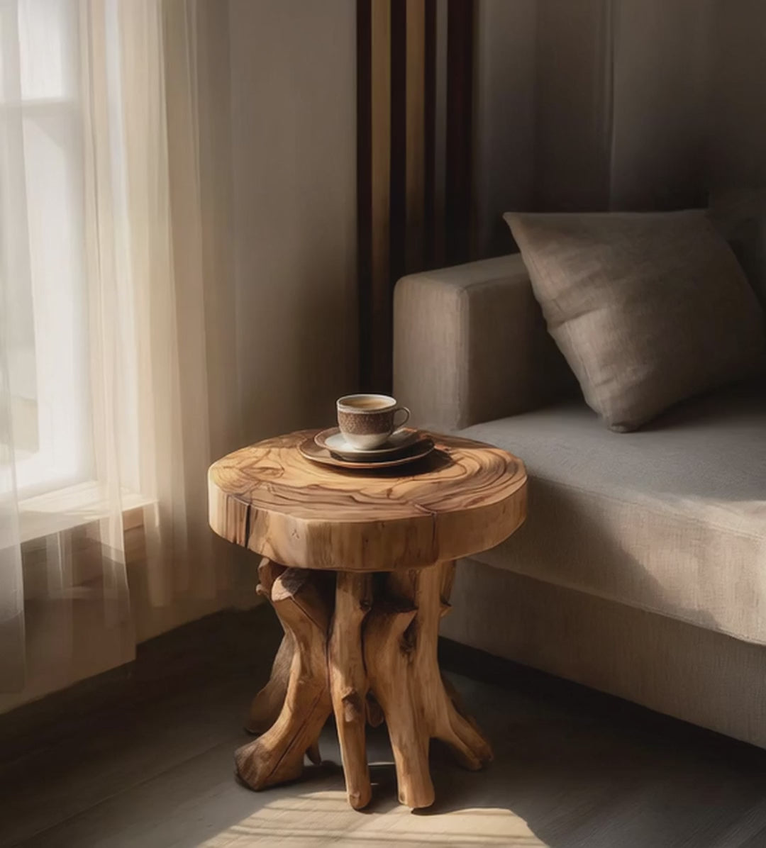 Ashdeco Round End Table – Solid Wood with Tree Trunk Base