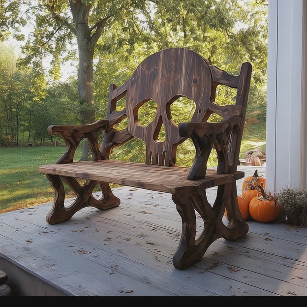 Handcrafted Skull Bench – Halloween Outdoor Wooden Seating for Porch or Garden