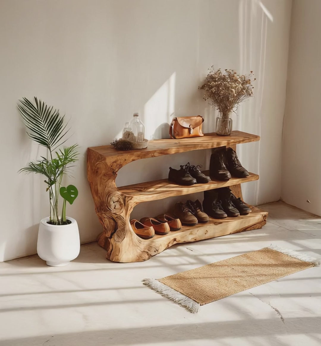 Mid Century Entryway Shoe Storage – Solid Wood Shoe Rack, Narrow Entryway Bench