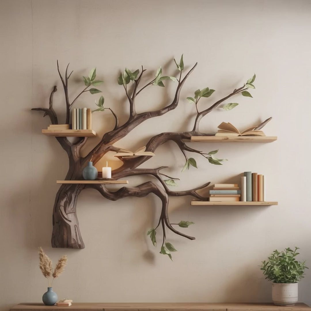 Rustic Corner Floating Bookshelf – Live Edge Driftwood Branch Wall Décor