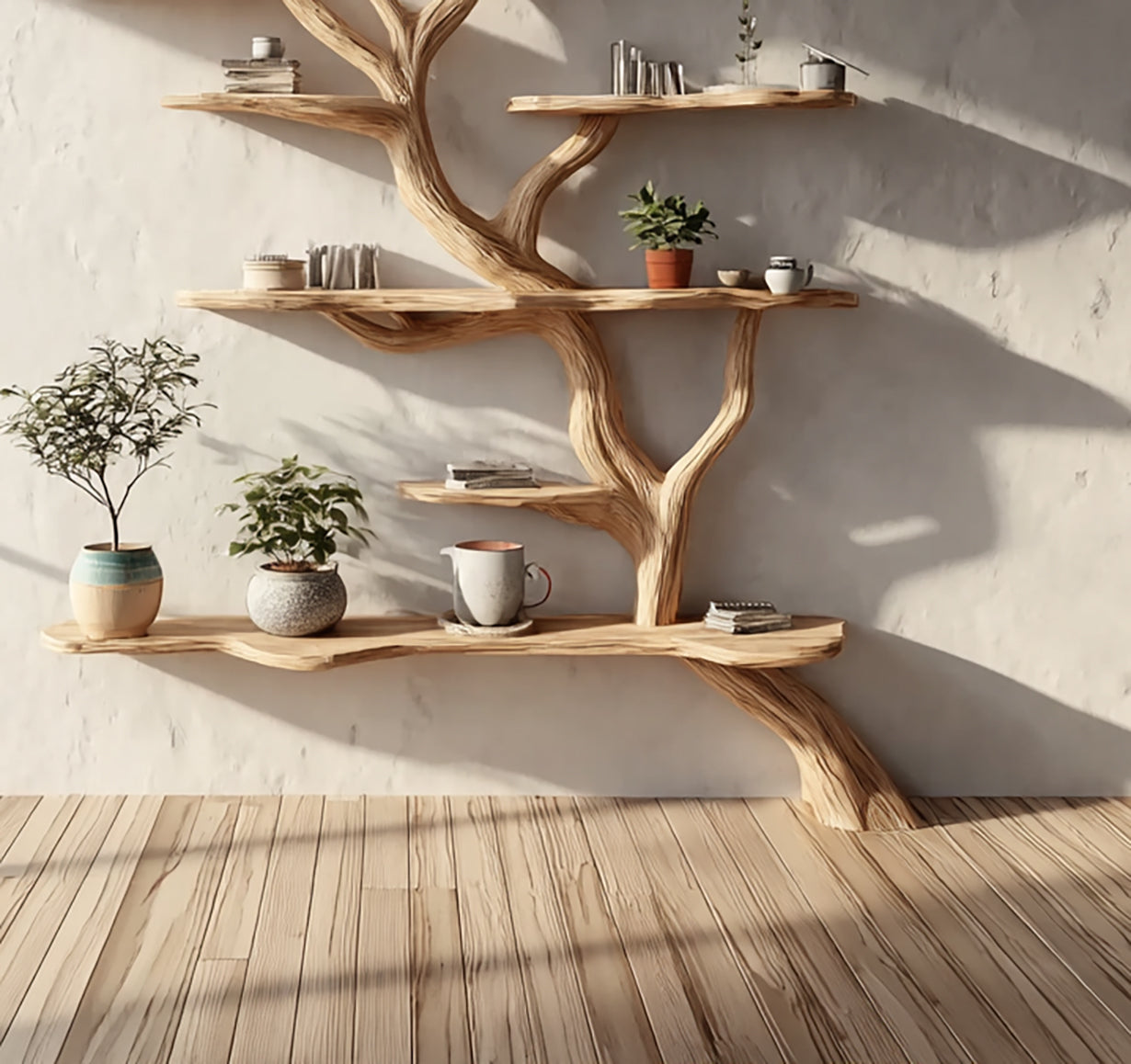 Tree-shaped solid wood bookshelf with live edge shelves, potted plants, mugs, and books.