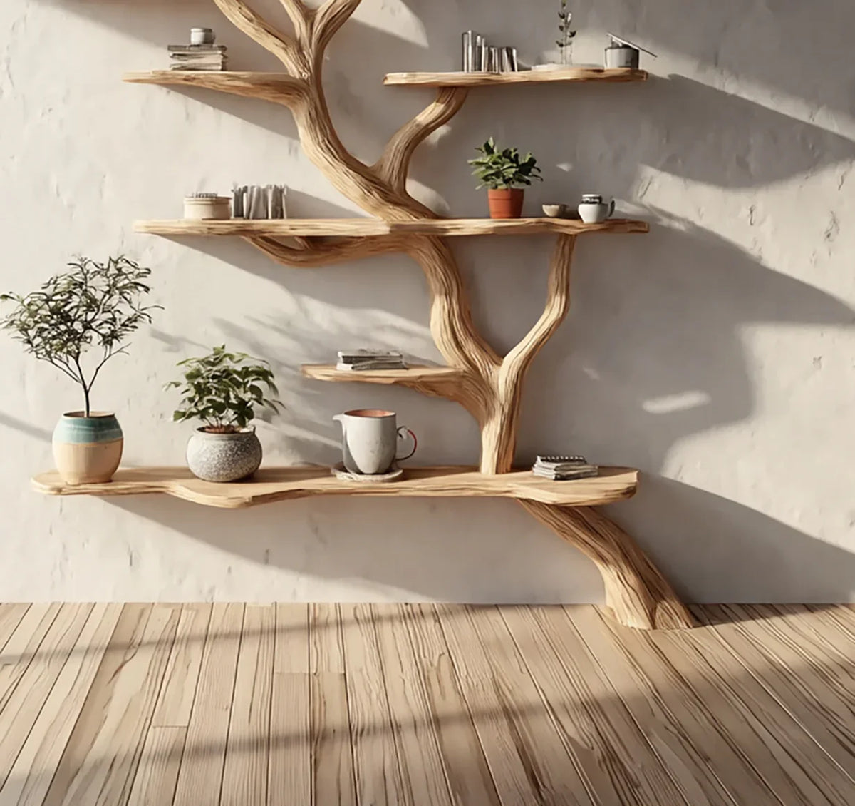 Tree-shaped solid wood bookshelf with live edge shelves, potted plants, mugs, and books.