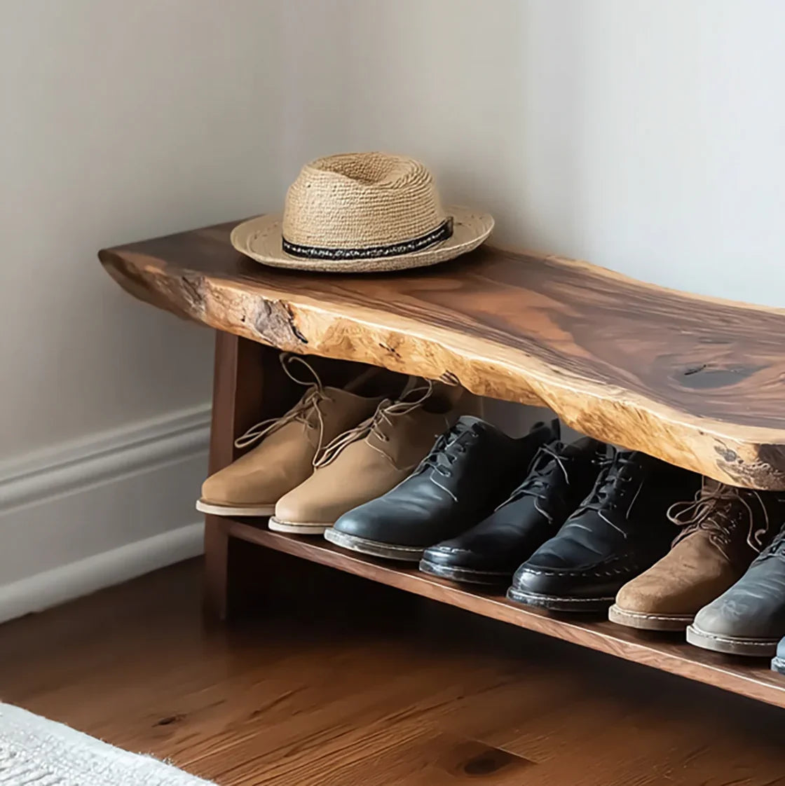 Live edge solid wood bench with natural grain, shoe storage shelf, and hat on top