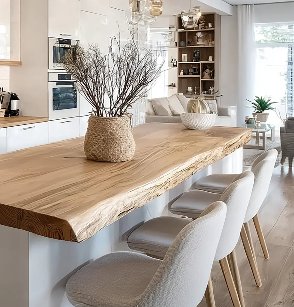 Live edge solid wood kitchen island with modern chairs in a bright open plan living space