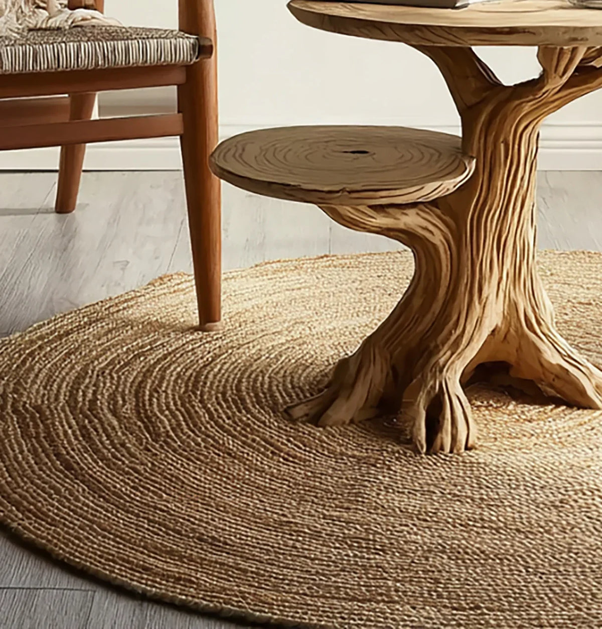 Live edge tree trunk coffee table on natural woven rug in modern living room