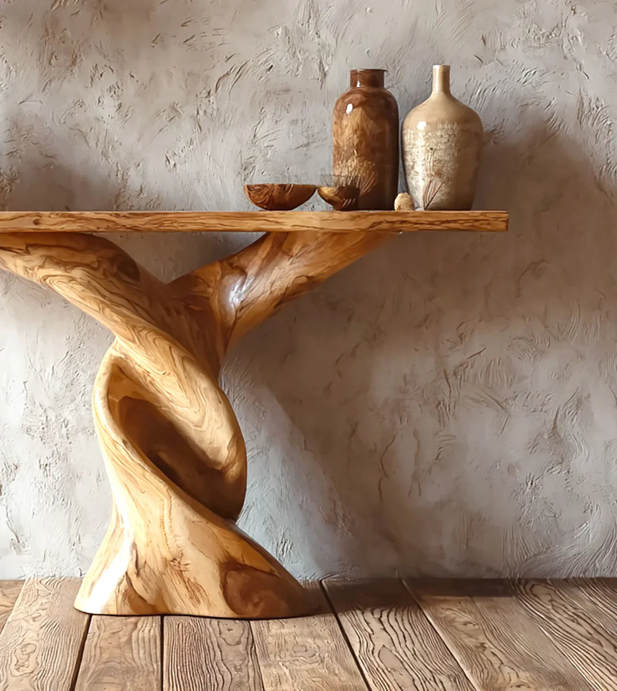 Rustic wooden twisted table with ceramic vases and bowls against textured plaster wall