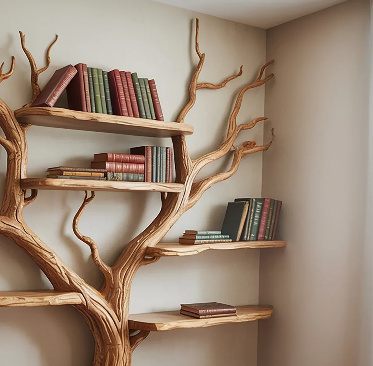 Solid wood tree bookshelf with floating shelves and books in a modern home interior