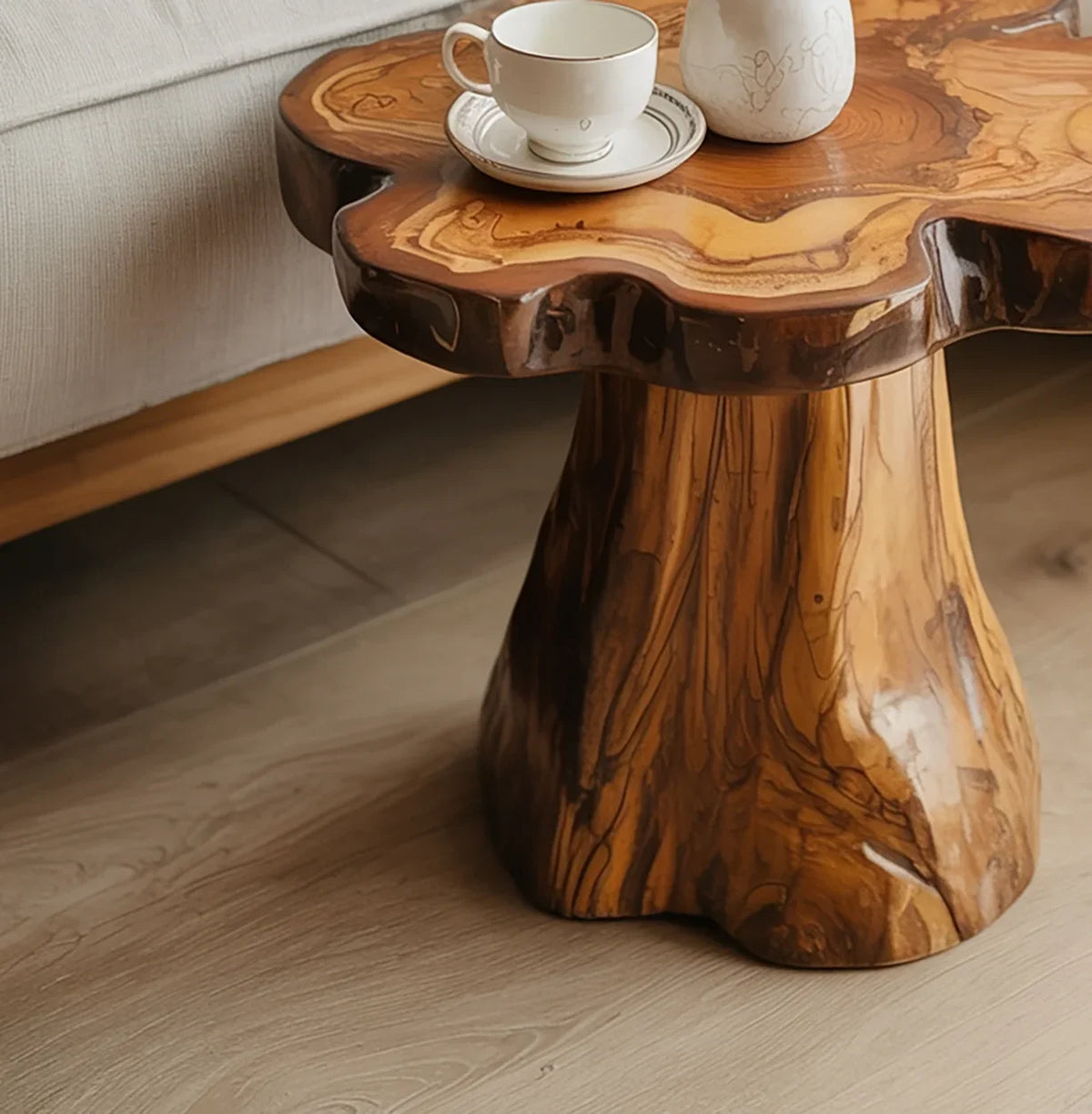 Live edge solid wood coffee table with natural finish beside sofa, holding a cup and vase