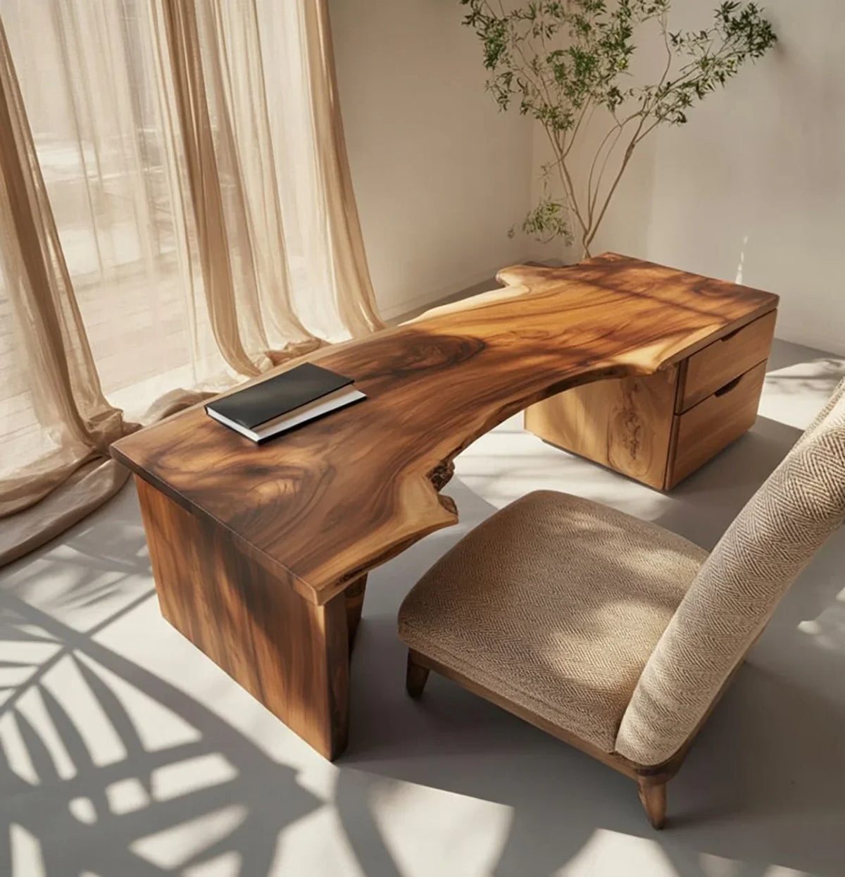 Live edge solid wood desk with natural grain, paired with a beige chair in sunlit room