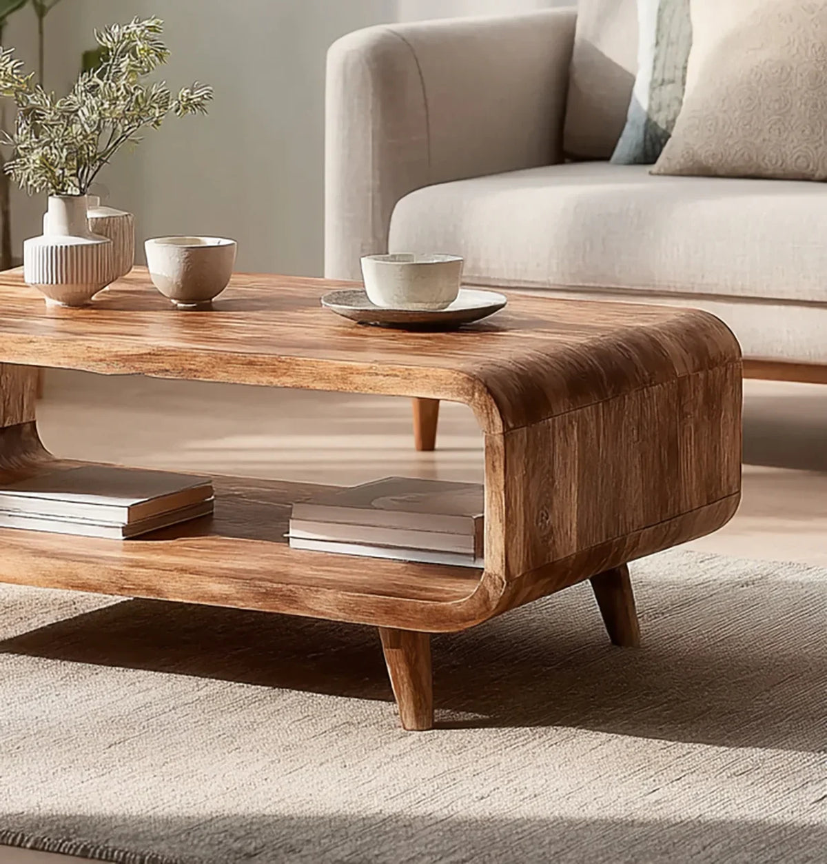Solid wood coffee table with rounded edges, books, and ceramic cups in modern living room