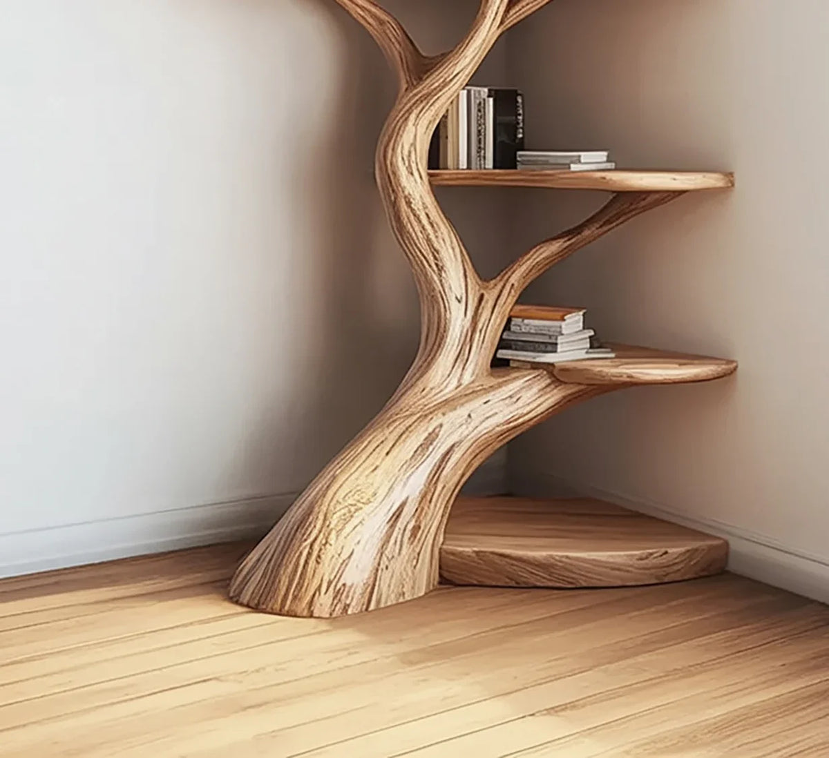Solid wood tree-shaped bookshelf with live edge shelves in a corner, holding several books