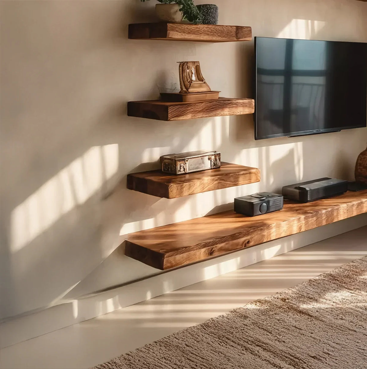 Solid wood floating shelves in a modern living room with wall-mounted TV and decor.