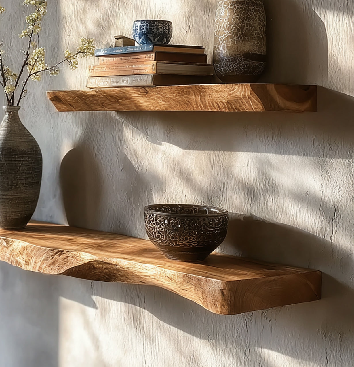Natural live edge wooden floating shelves with decorative ceramic bowls, books, and a vase with flowers