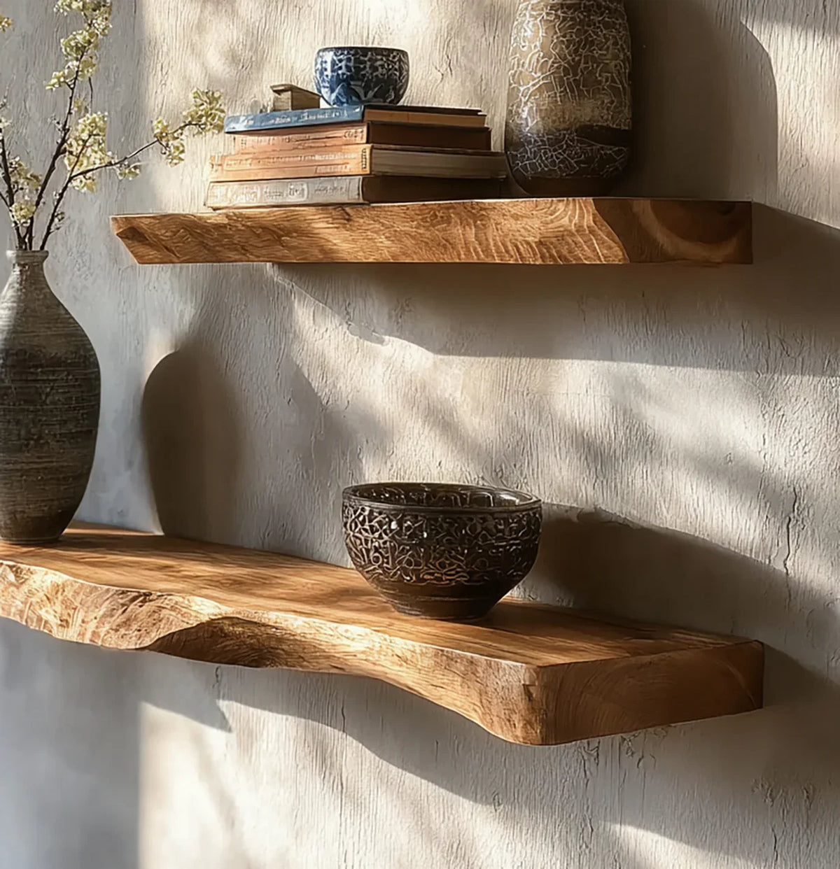 Natural live edge wooden floating shelves with decorative ceramic bowls, books, and a vase with flowers
