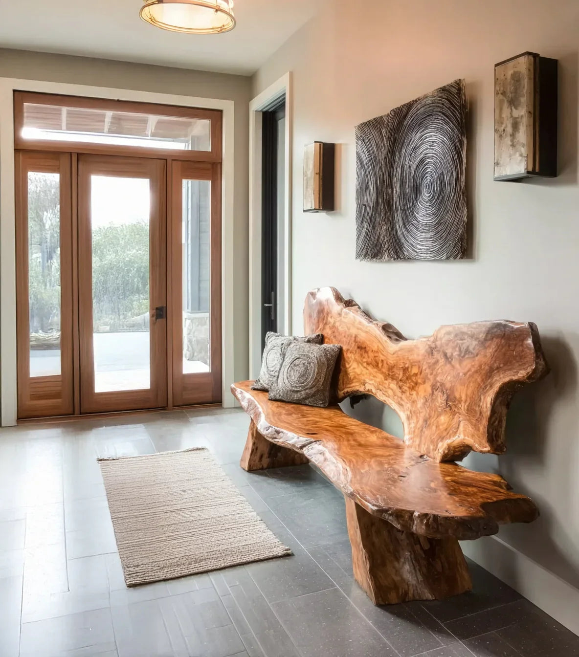 Modern entryway with rustic live edge wood bench, textured cushions, abstract wall art, wooden doors, and neutral decor