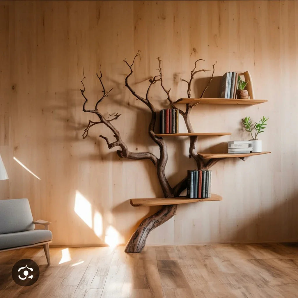 Live edge wooden tree bookshelf with books and plants against a light wood wall in a modern room.