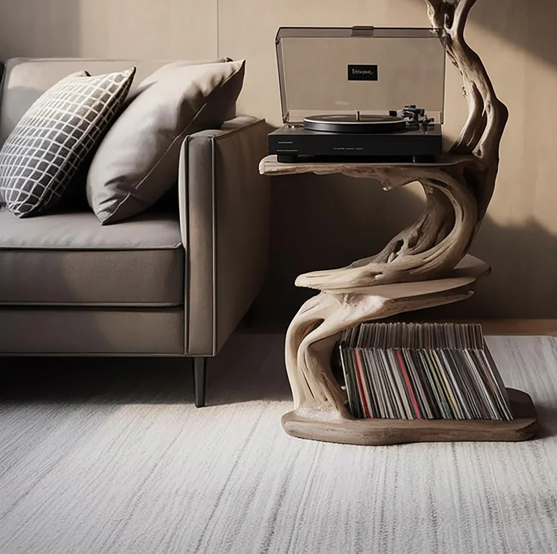 Live edge wood record player stand with sculpted tree design, vinyl storage, next to sofa