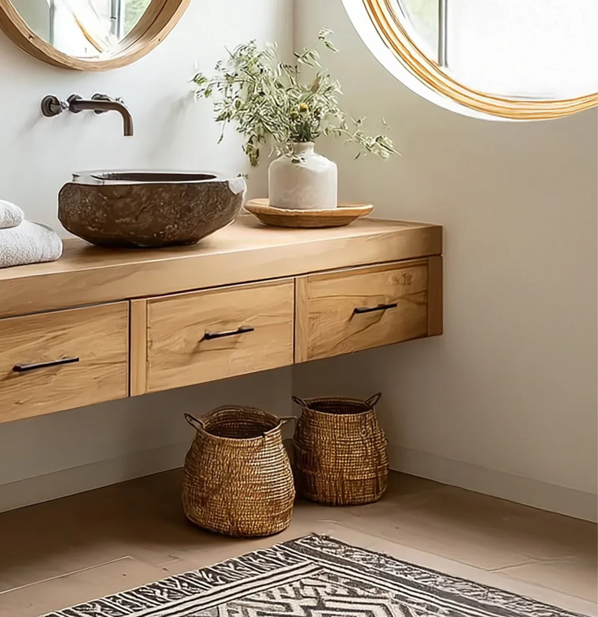 Modern bathroom with solid wood floating vanity, stone vessel sink, and woven baskets