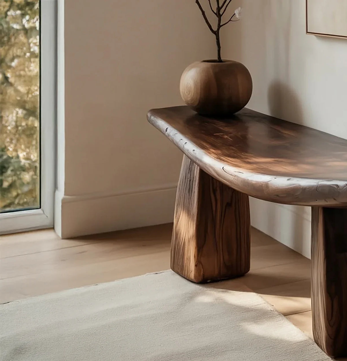 Live edge solid wood table with natural finish in a sunlit modern room