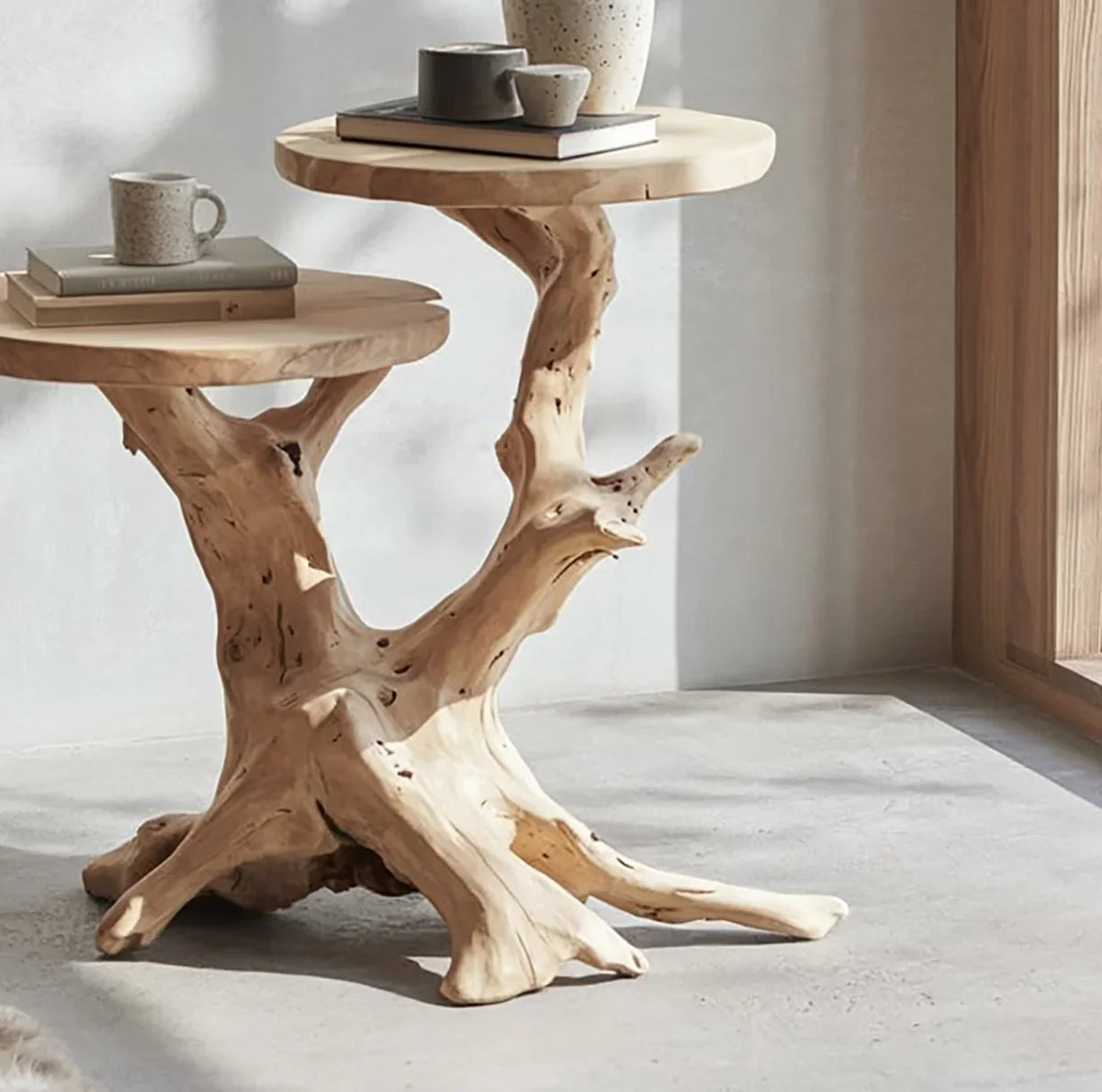 Natural wood branch side table with two round tops holding books and ceramic mugs in minimalist room