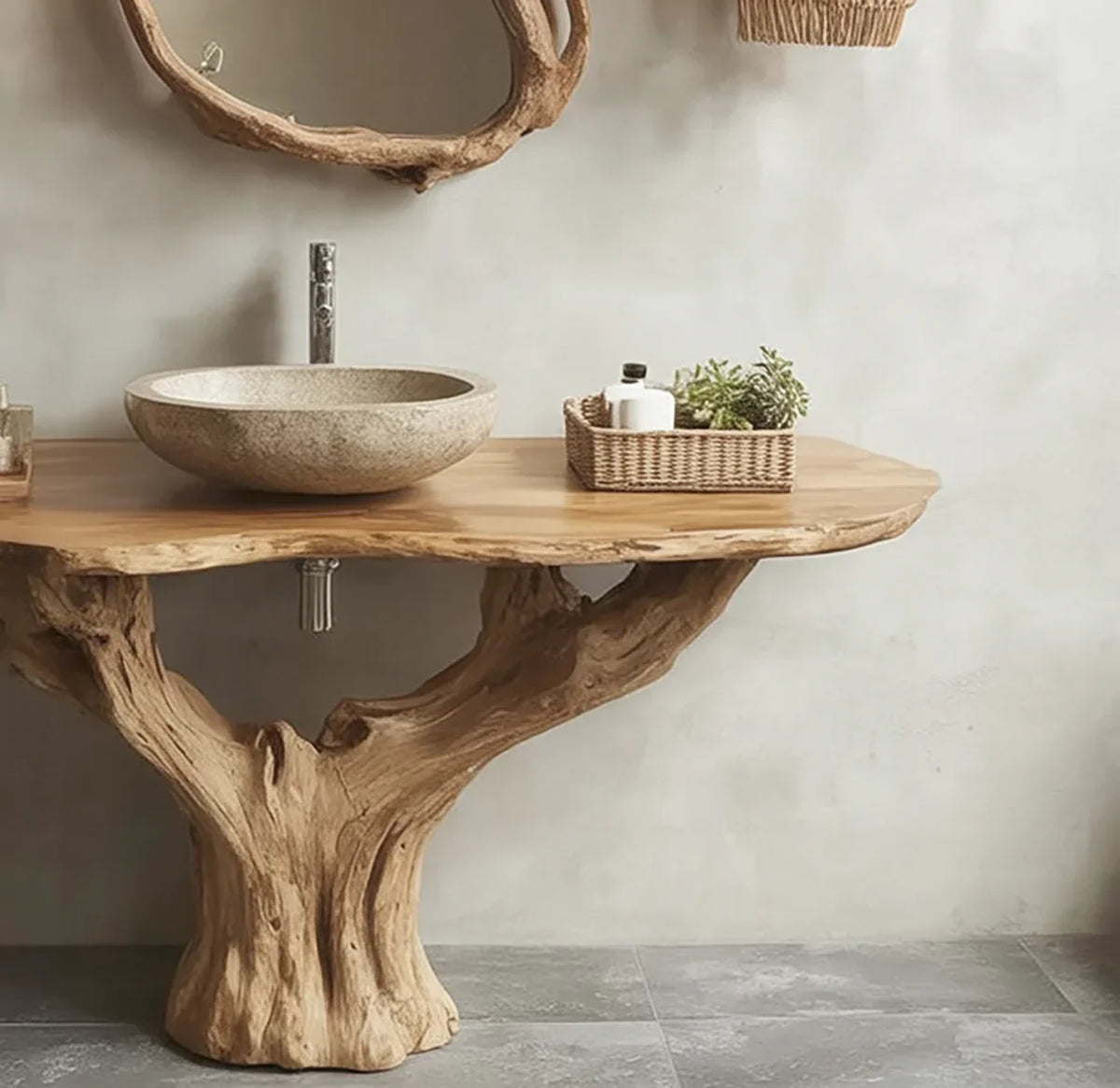 Live edge wood vanity with stone vessel sink and rustic mirror in a modern bathroom