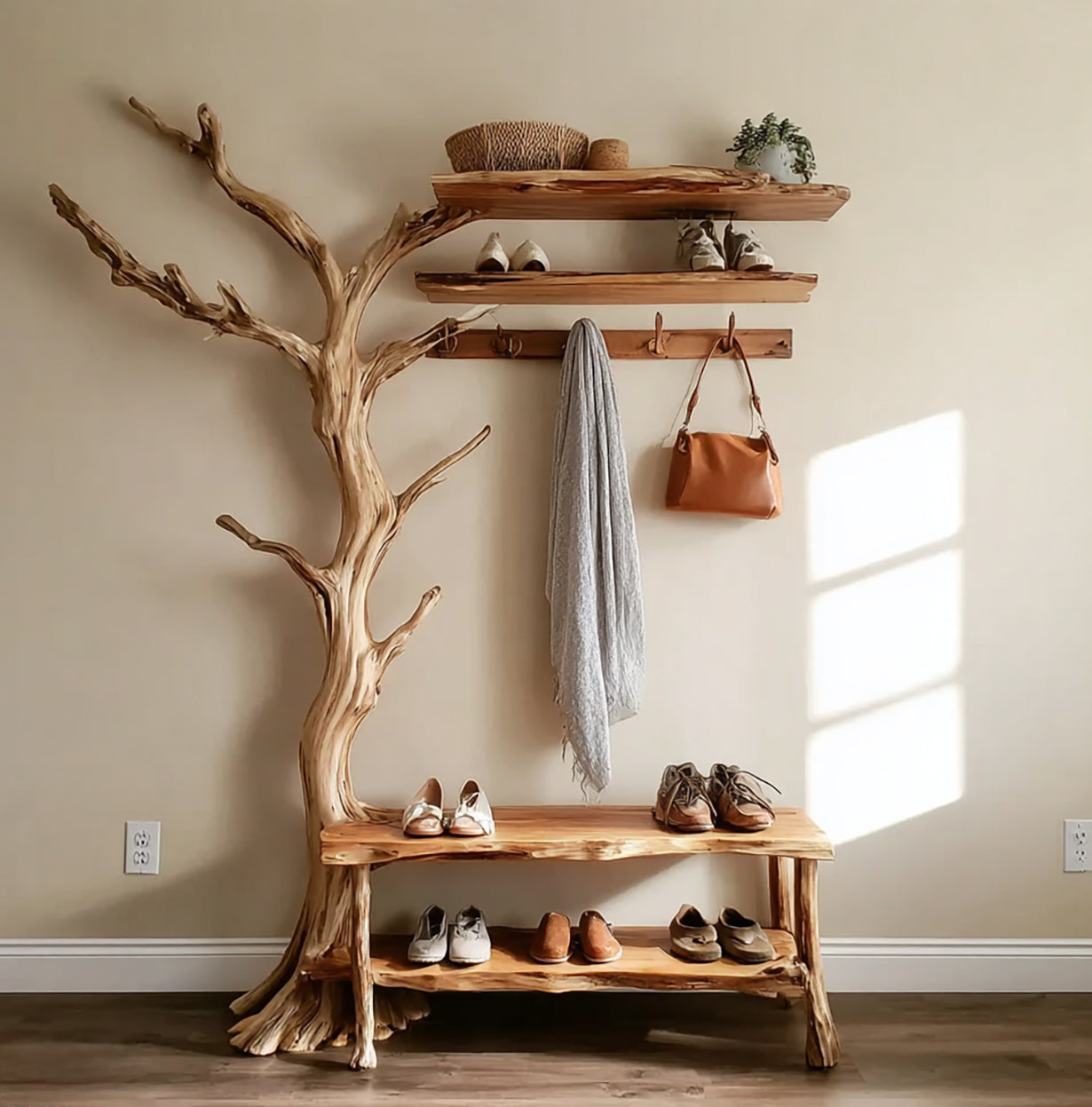 Live edge solid wood tree bookshelf with hooks, floating shelves, and shoe bench in entryway