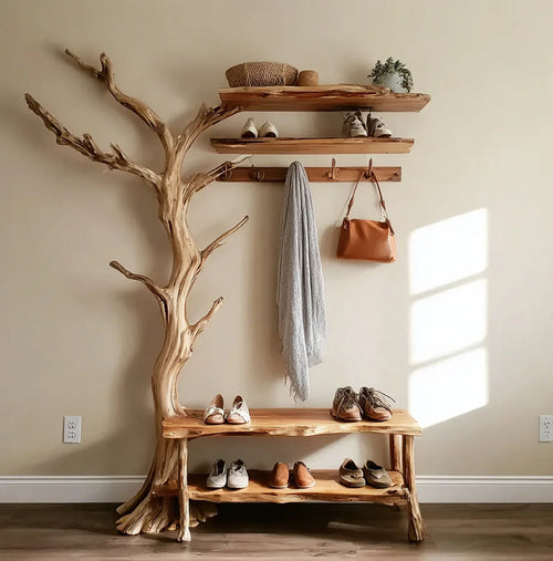 Natural Tree Branch Coat Rack – Wall-Mounted Driftwood Hanger