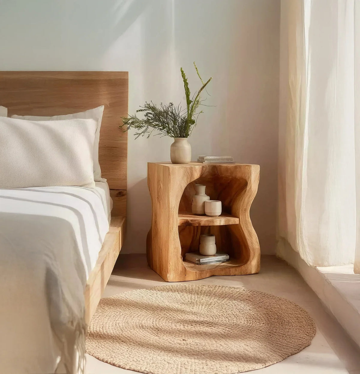 Sustainably crafted solid wood nightstand with organic shape beside a bed in a sunlit bedroom